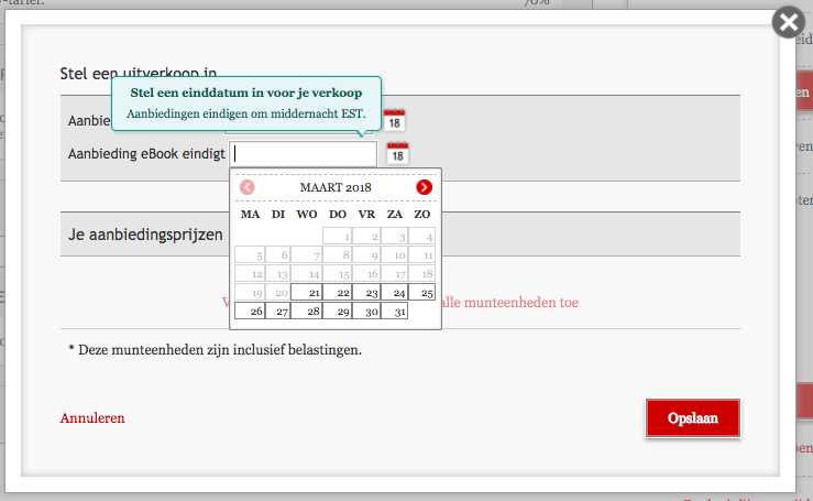 Het veld Stel een uitverkoop in met de einddatum aangeklikt. Er verschijnt een kalender waarin de juiste datum geselecteerd kan worden