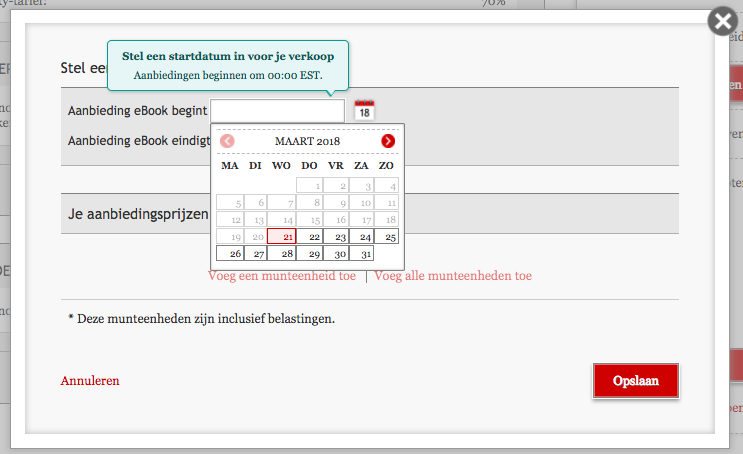 Het veld Stel een uitverkoop in met de startdatum aangeklikt. Er verschijnt een kalender waarin de juiste datum geselecteerd kan worden