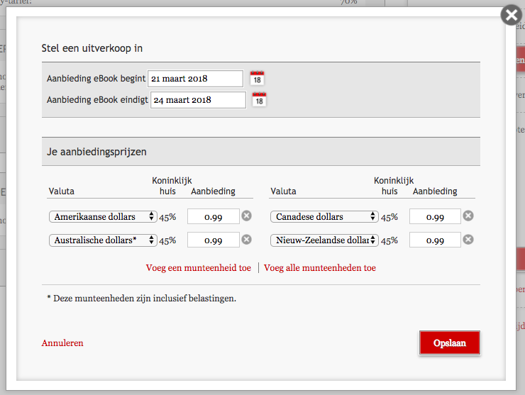Het veld Stel een uitverkoop in met de prijzen voor de Canadese dollar en de Nieuw-zeelandse dollar