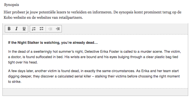Dit toont een kop bovenaan die 'Synopsis' zegt en eronder een tekstvak met de synopsis van een e-boek. De 'B' voor het vetgedrukt maken van de tekst is roze gemarkeerd om het gebruik ervan voor de kop in het tekstvak te laten zien.