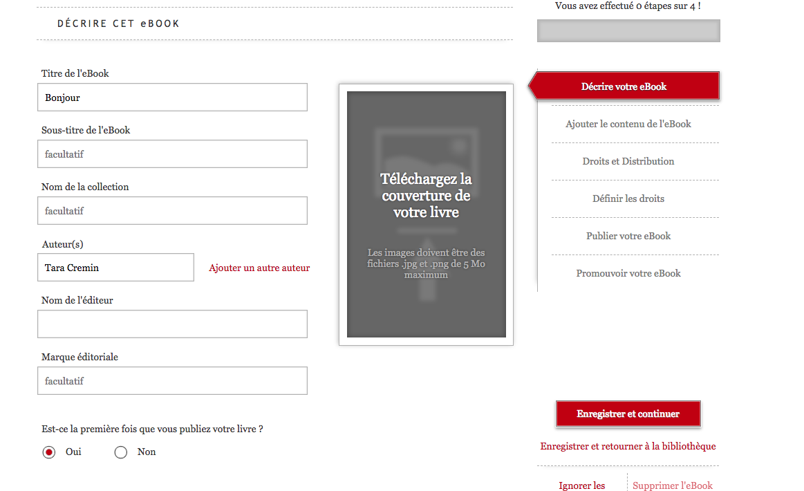 Capture d'écran du tableau de bord Kobo Writing Life à l'étape Décrire votre eBook. Les champs titre, sous-titre, nom de l'auteur, nom de l'éditeur, marque éditoriale, etc. sont à compléter.