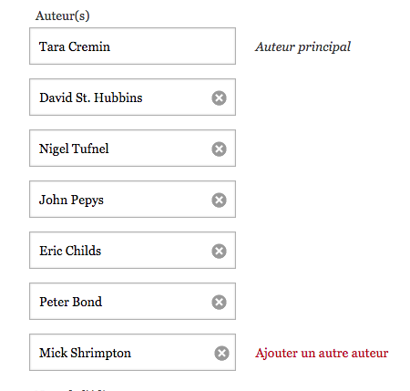 Capture d'écran présentant les champs complétés d'une liste de noms de d'auteurs