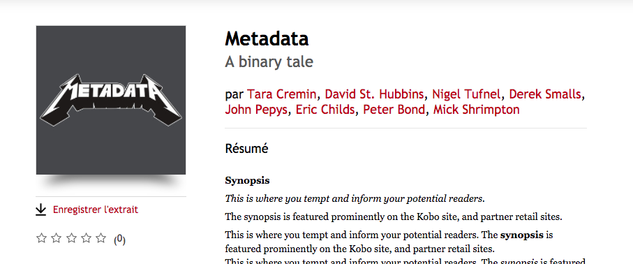 Capture d'écran de la page produit d'un titre sur la librairie Kobo intitulé “Metadata”  et la liste des noms d'auteurs, précédemment renseignés, qui apparaît en dessous.
