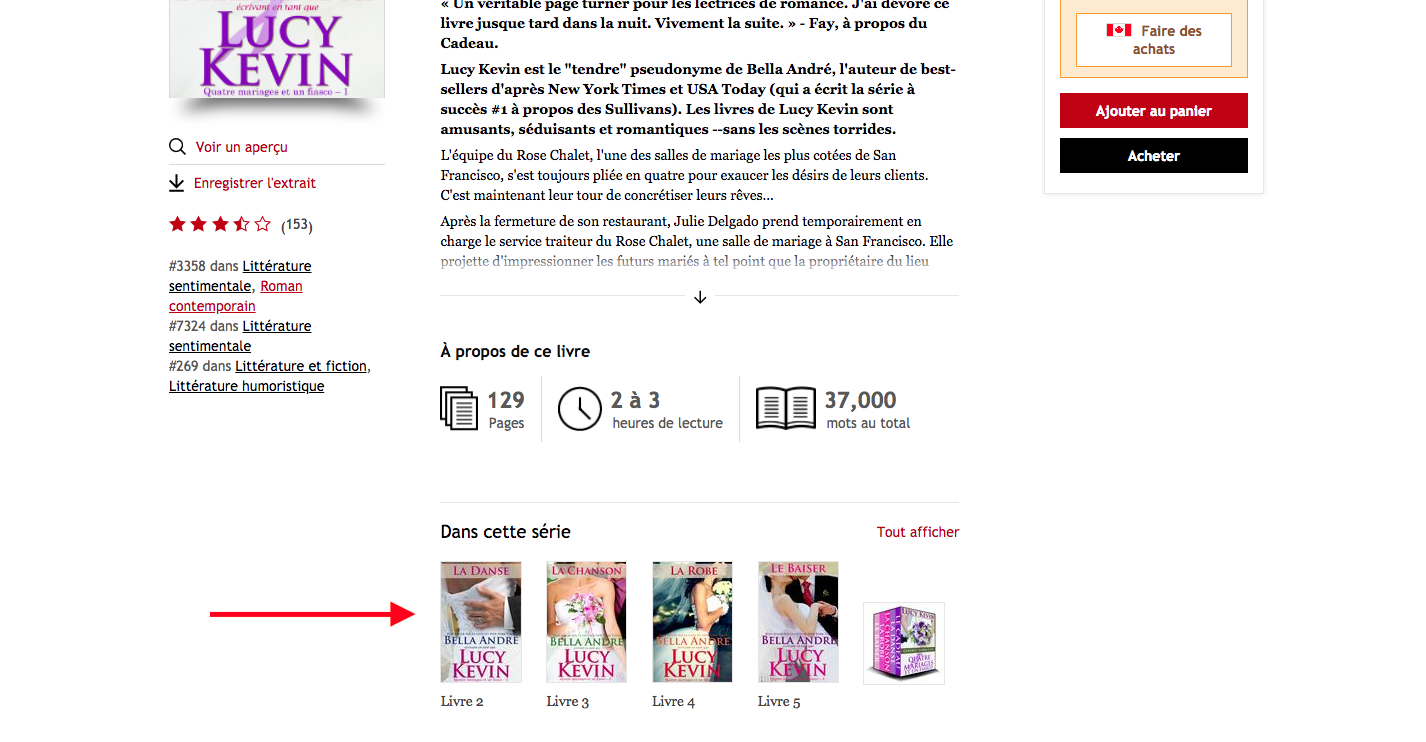 Capture d'écran de la page produit d'un ebook appartenant à une série sur la librairie Kobo. En dessous du résumé et de de la section À propos de ce livre, on trouve un carrousel intitulé Dans cette série avec 5 couvertures d'ouvrages appartenant à la série.