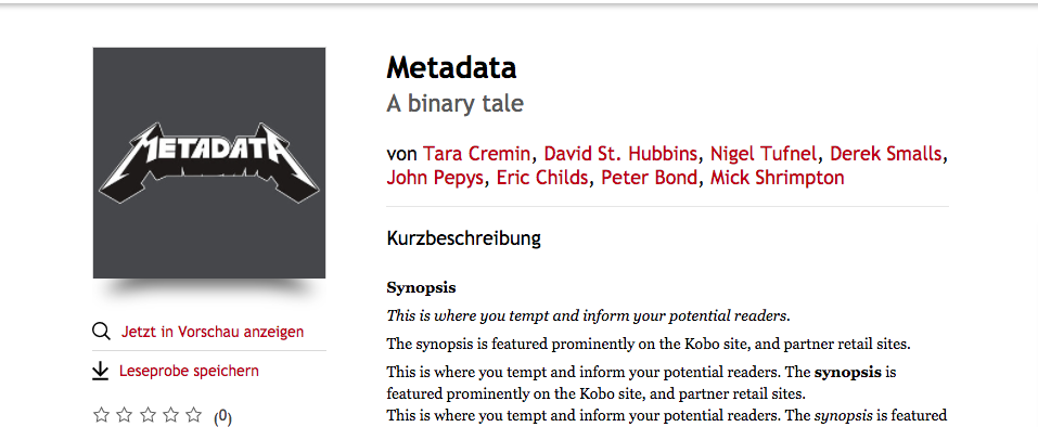 Das Bild zeigt eine Produktseite für ein E-Book. Die Felder umfassen Titel, Untertitel, Autor, Veröffentlichungsdatum und mehr.