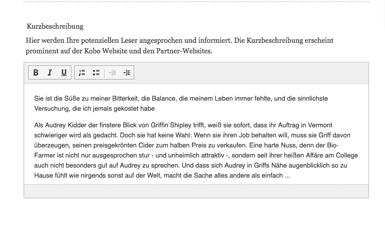 Dies zeigt eine Überschrift oben, die 'Kurzbeschreibung' lautet, und darunter ein Textfeld mit der Synopsis eines E-Books.