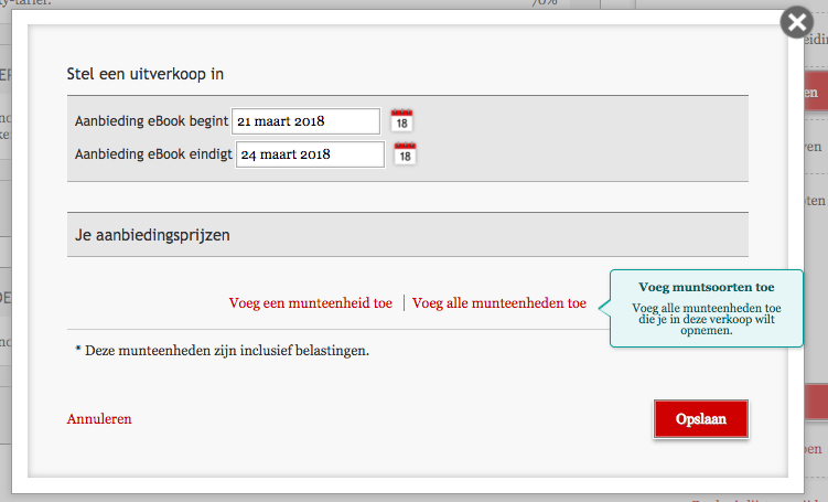 Het veld Stel een uitverkoop in met de optie om de prijs per munteenheid in te stellen, of alle munteenheden toe te voegen