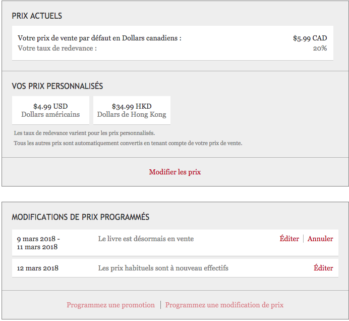 Une capture d'écran du tableau de bord Kobo Writing Life confirmant la fixation de prix personnalisés et la programmation de prix temporaires modifiés à l'occasion de la promotion aux dates précédemment indiquées.