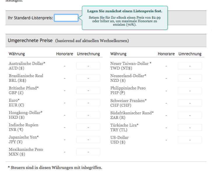 Eine Ansicht der Felder zur Eingabe des Preises in verschiedenen Währungen. Das oberste Eingabefeld ist für den Preis in Euro vorgesehen.