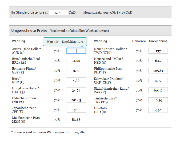Eine Ansicht der ausgefüllten Preisfelder, zusammen mit einem Pop-up-Fenster, das einen Preisvorschlag anzeigt
