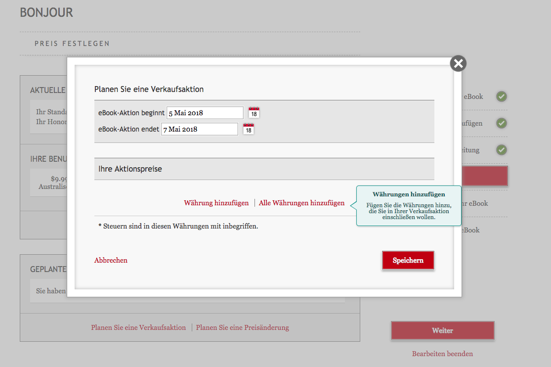 Das Feld zum Einrichten eines Sales bietet die Möglichkeit, den Preis für jede Währung einzeln festzulegen oder alle Währungen auf einmal hinzuzufügen.