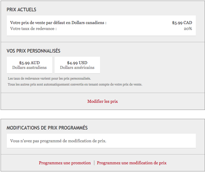 Une capture d'écran du tableau de bord Kobo Writing Life présentant un tableau avec le prix par défaut, puis deux prix personnalisés. Il est possible de cliquer sur la mention Modifier les prix, en bas de ce tableau.