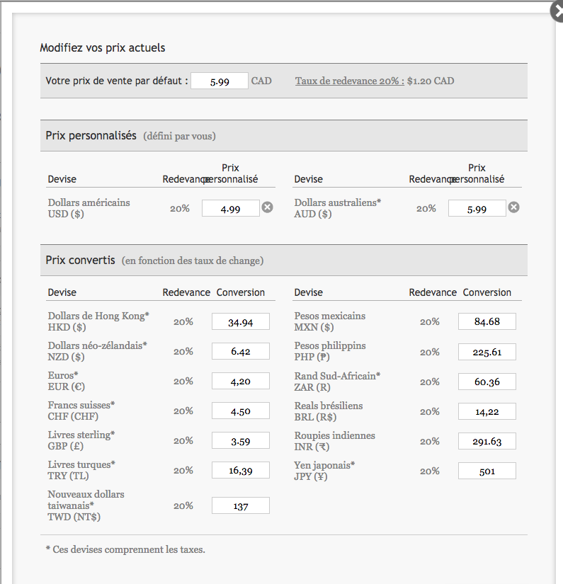 Une capture d'écran du tableau de bord Kobo Writing Life à l'étape de la définition des prix présentant un tableau affichant le prix par défaut, puis deux prix personnalisés en dollars américains et en dollars australiens, et enfin les prix bruts après conversion.