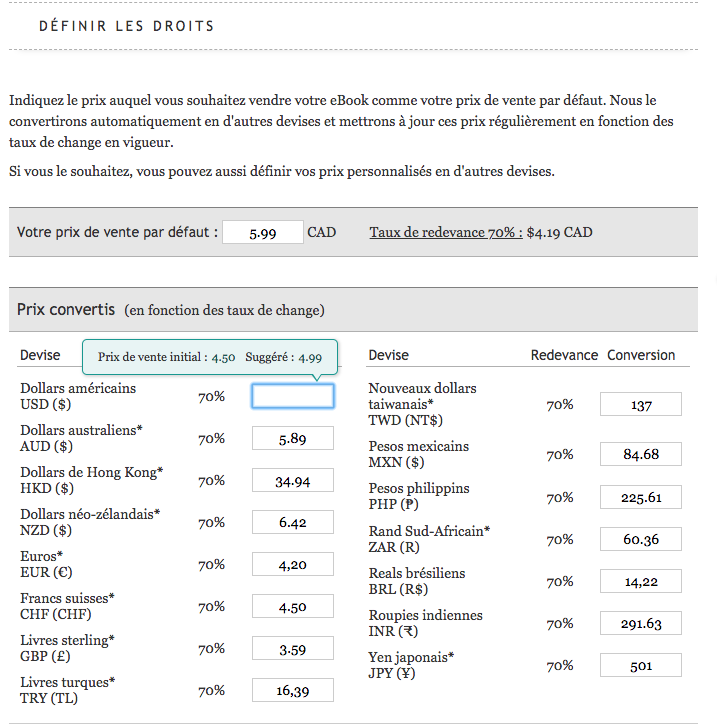 Une capture d'écran du tableau de bord Kobo Writing Life à l'étape de la définition des prix présentant un tableau affichant le prix par défaut et les prix convertis en fonction des taux de change. Pour chaque devise, une recommandation invite à optimiser les prix pour qu'ils soient plus attractifs. Pour les champ dédié au dollar américain (USD), la fenêtre de remmandation suggère un prix de 4.99 dollars plutôt que 4,50 dollars.