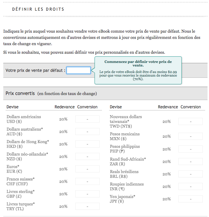 Une capture d'écran du tableau de bord Kobo Writing Life à l'étape de la définition des prix présentant un tableau permettant de renseigner les prix dans plusieurs devises. Le champ pour le prix de vente par défaut est le premier à renseigner.