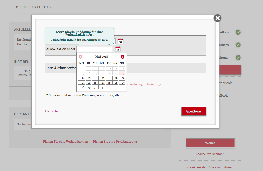 Das Feld zum Festlegen eines Sales, wobei das Startdatum angeklickt wurde. Daraufhin öffnet sich ein Kalender, in dem das gewünschte Datum ausgewählt werden kann.