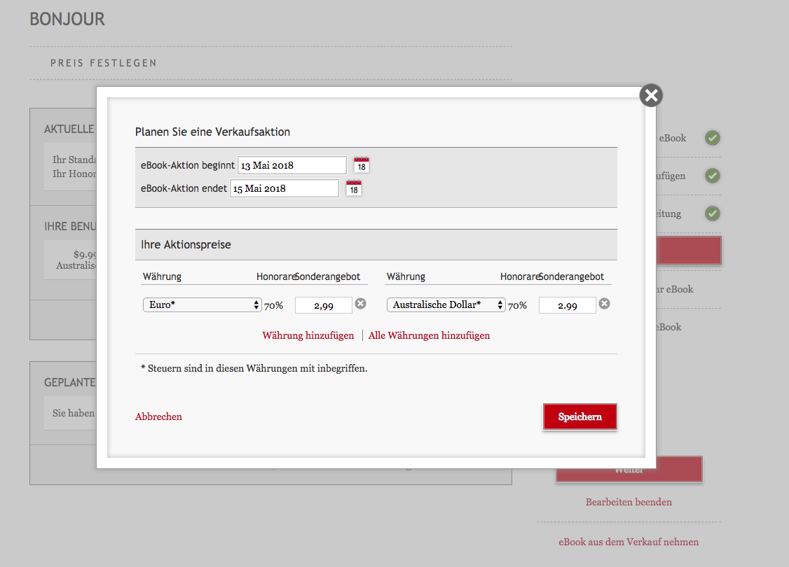Das Feld 'Sale einrichten' mit den Preisen für den Australischen Dollar.