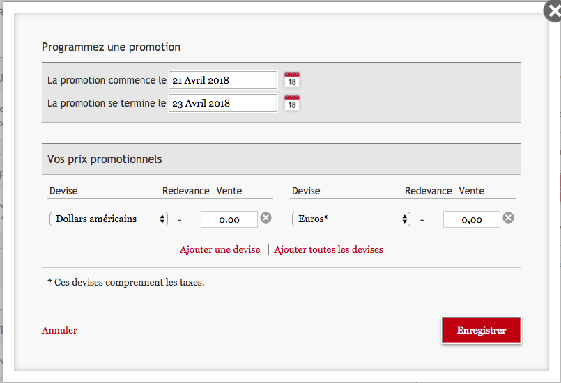 Capture d'écran du tableau de bord Kobo Writing Life présentant la programmation d'un prix réduit à zéro dollars. Au-dessus, les dates de la promotion ont été renseignées.