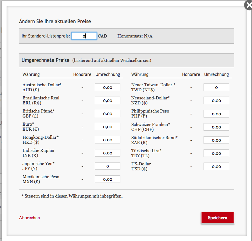 Die Übersicht der ausfüllbaren Preisfelder. Für alle Währungen sind die Preise auf Null gesetzt.