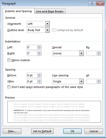 Capture d'écran de la fenêtre d'un document Word permettant de régler les alignements et la taille des espaces.