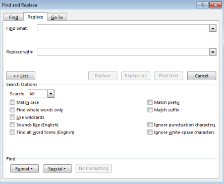 Capture d'écran de la fenêtre d'un document Word permettant de renseigner le mot ou les éléments à trouver dans le texte de préciser par quoi les remplacer.