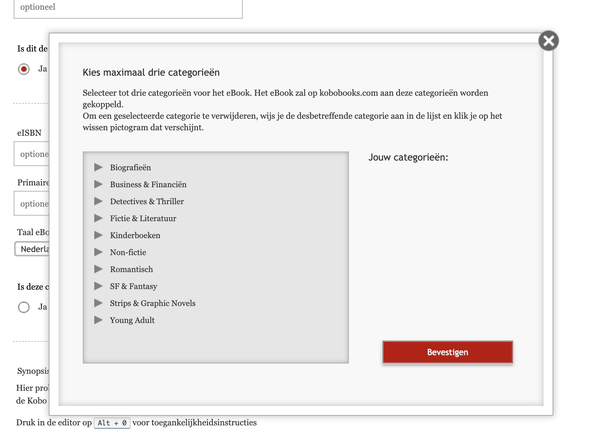 Een overzicht van de hoofdcategorieën waar je uit kunt kiezen