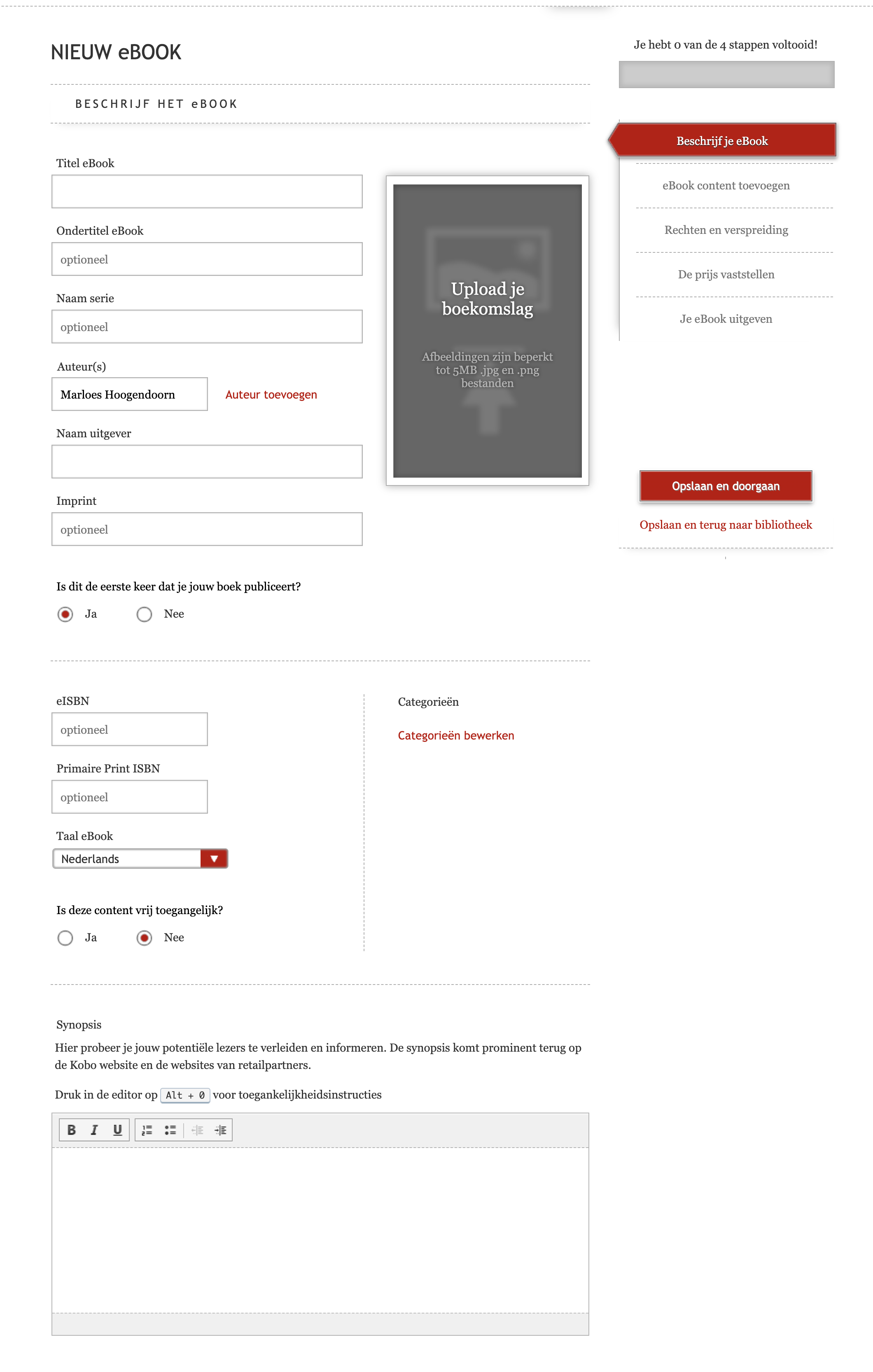 Schermafbeelding met de invulvelden voor eBook metadata