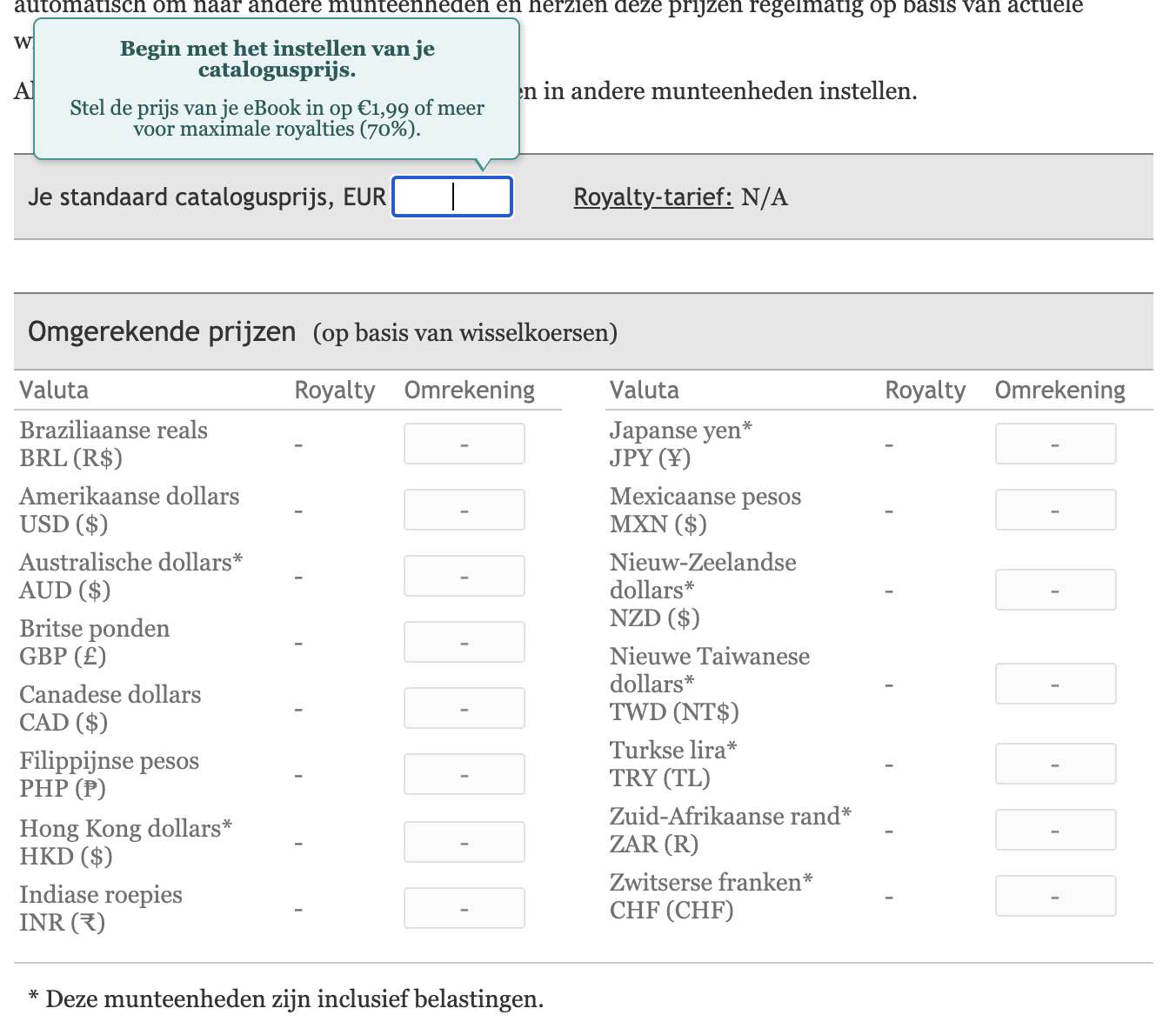 Het overzicht van velden waar je de prijs kunt invullen voor verschillende valuta. Bovenaan staat het invulvakje voor de prijs in euros