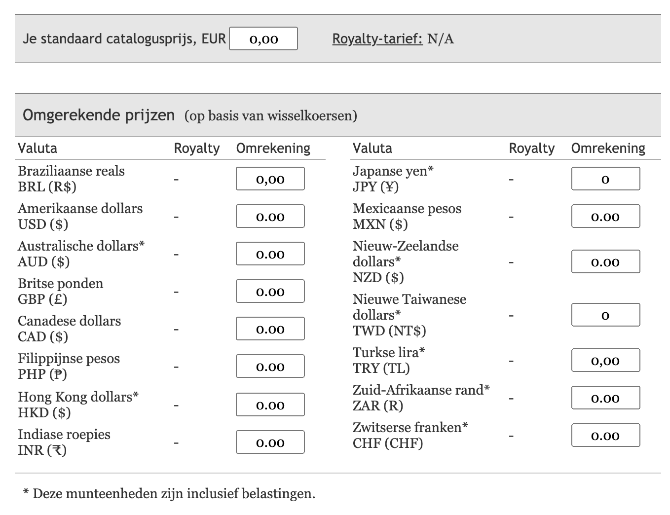 Het overzicht van invulbare prijsvelden. Alle prijzen staan op nul