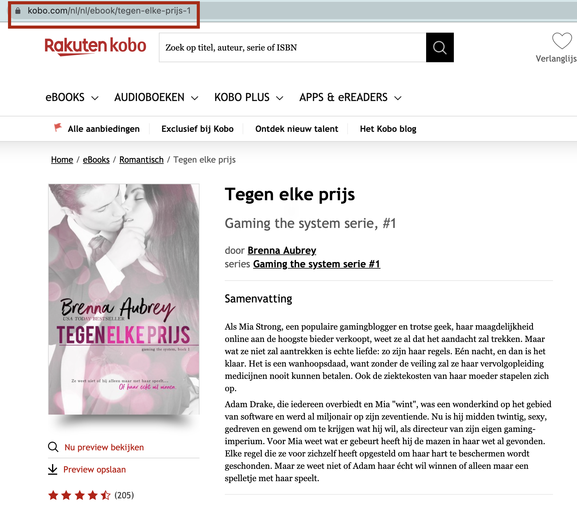 Screenshot van een productpagina in de Kobo-winkel. De URL van de pagina is rood omcirkeld.