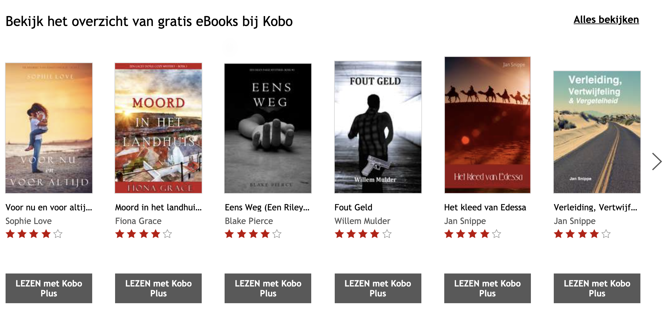 Screenshot van een lijst met zes gratis boeken in de Kobo-winkel