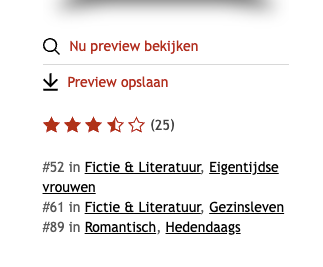Screenshot uit de Kobo Store. Onder 'Preview opslaan' staat de plaats van dit boek aangegeven in de ranglijst voor de drie categorieën waarin het boek zich bevindt.