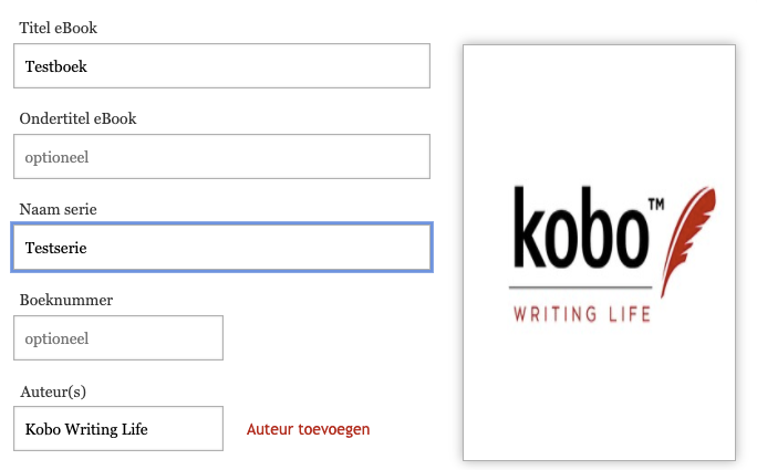 screenshot uit het invoerveld voor metadata, waarin de titel, ondertitel, serienaam, boeknummer en auteursnaam kunnen worden ingevuld. Het veld 'naam serie' is benadrukt met een blauwe rand