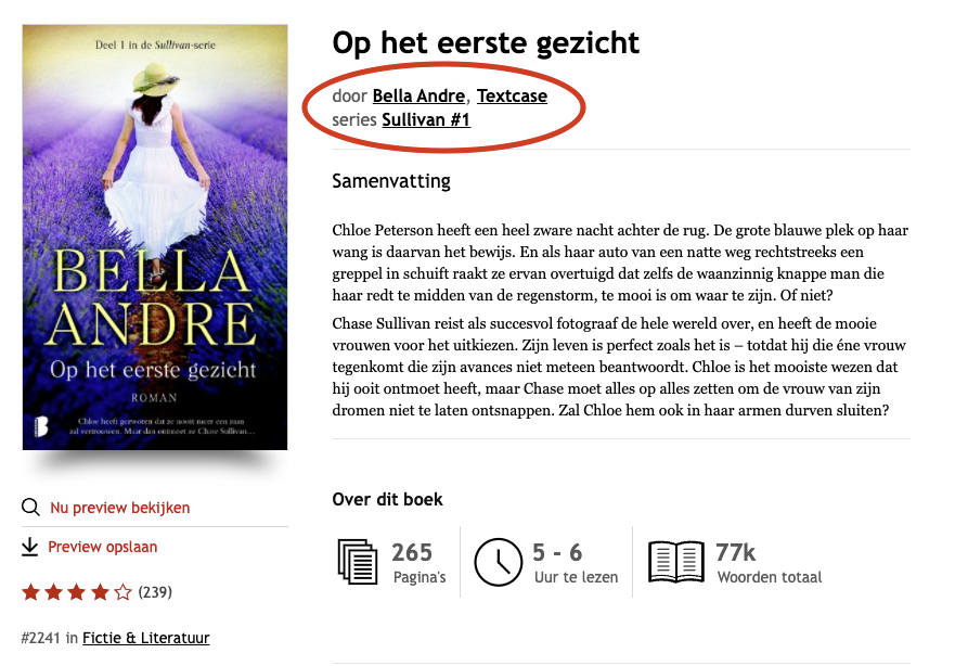 Screenshot van de productpagina waarop de auteur en serienaam rood omcirkeld zijn