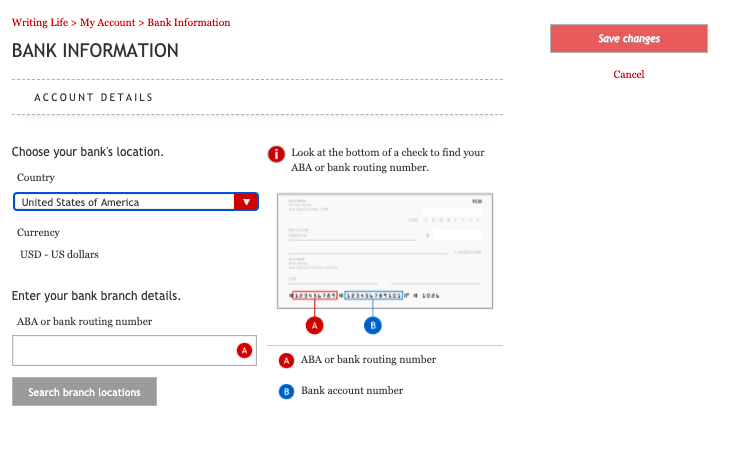 显示以美国为例的银行信息，并自动选择货币为美元的图片。 