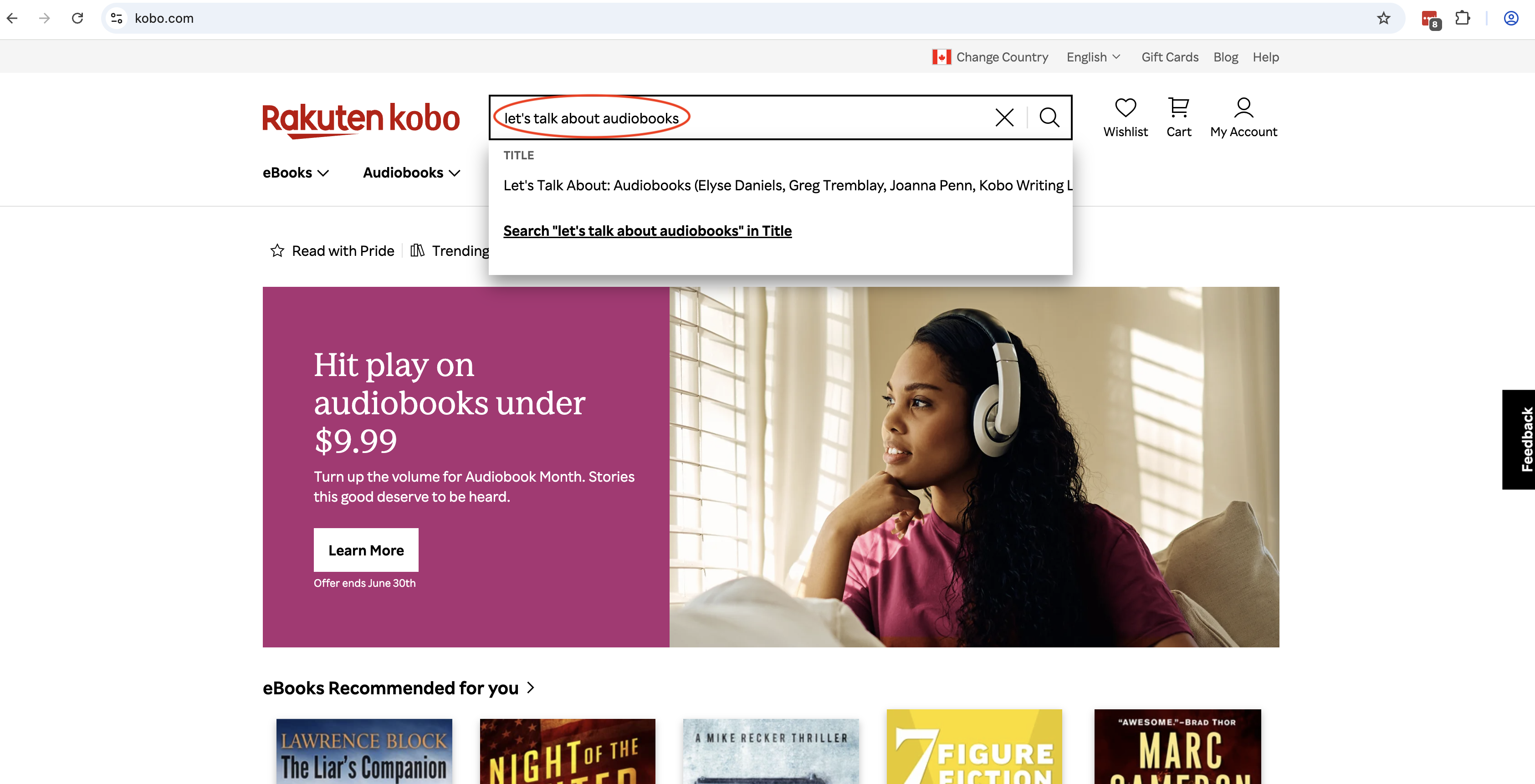 A screenshot of the Kobo home store showing the title "let's talk about audiobooks" in the search bar circled in red.
