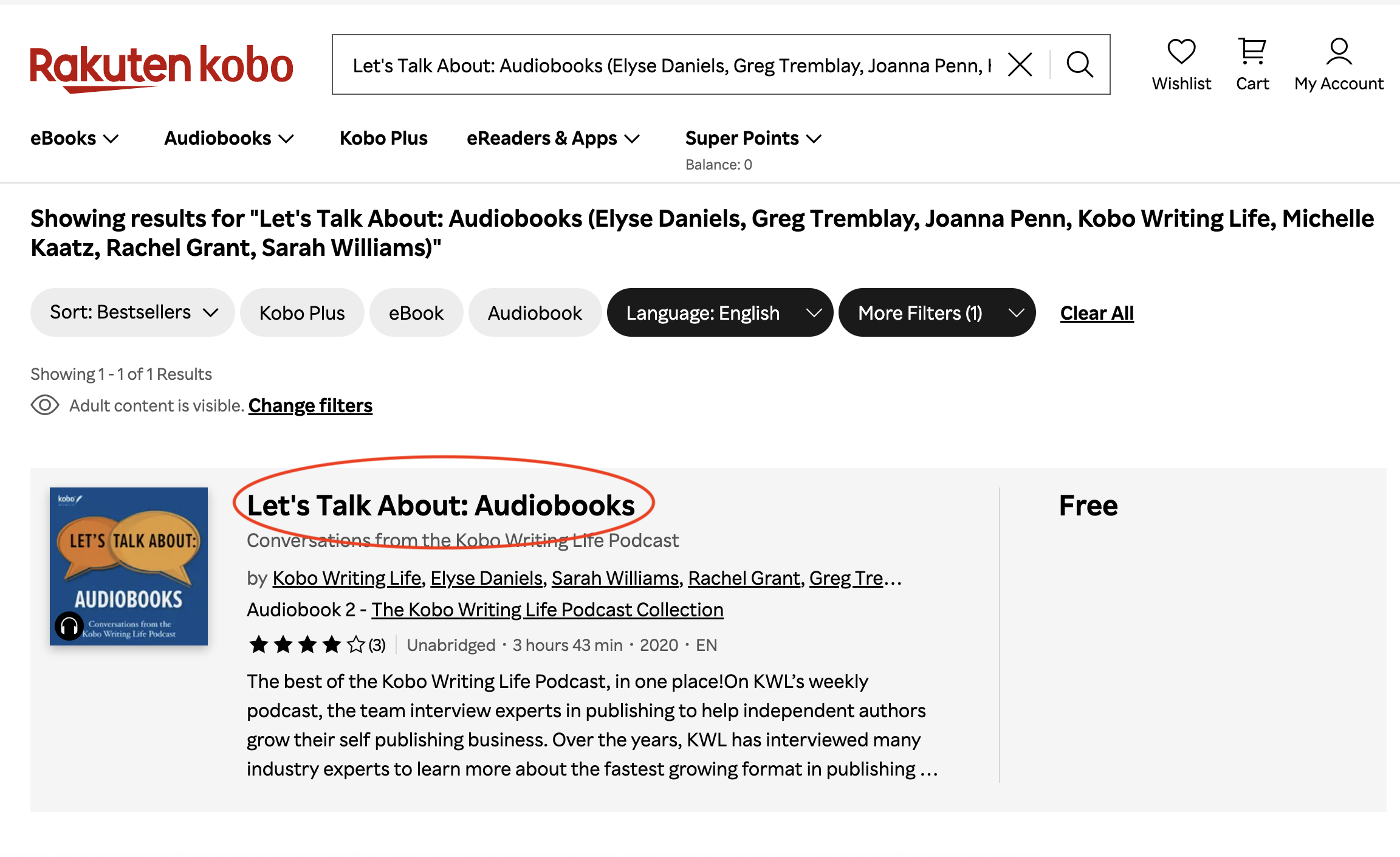 A search results page showing "let's talk about audiobooks" as an audiobook. The title is circled in red.