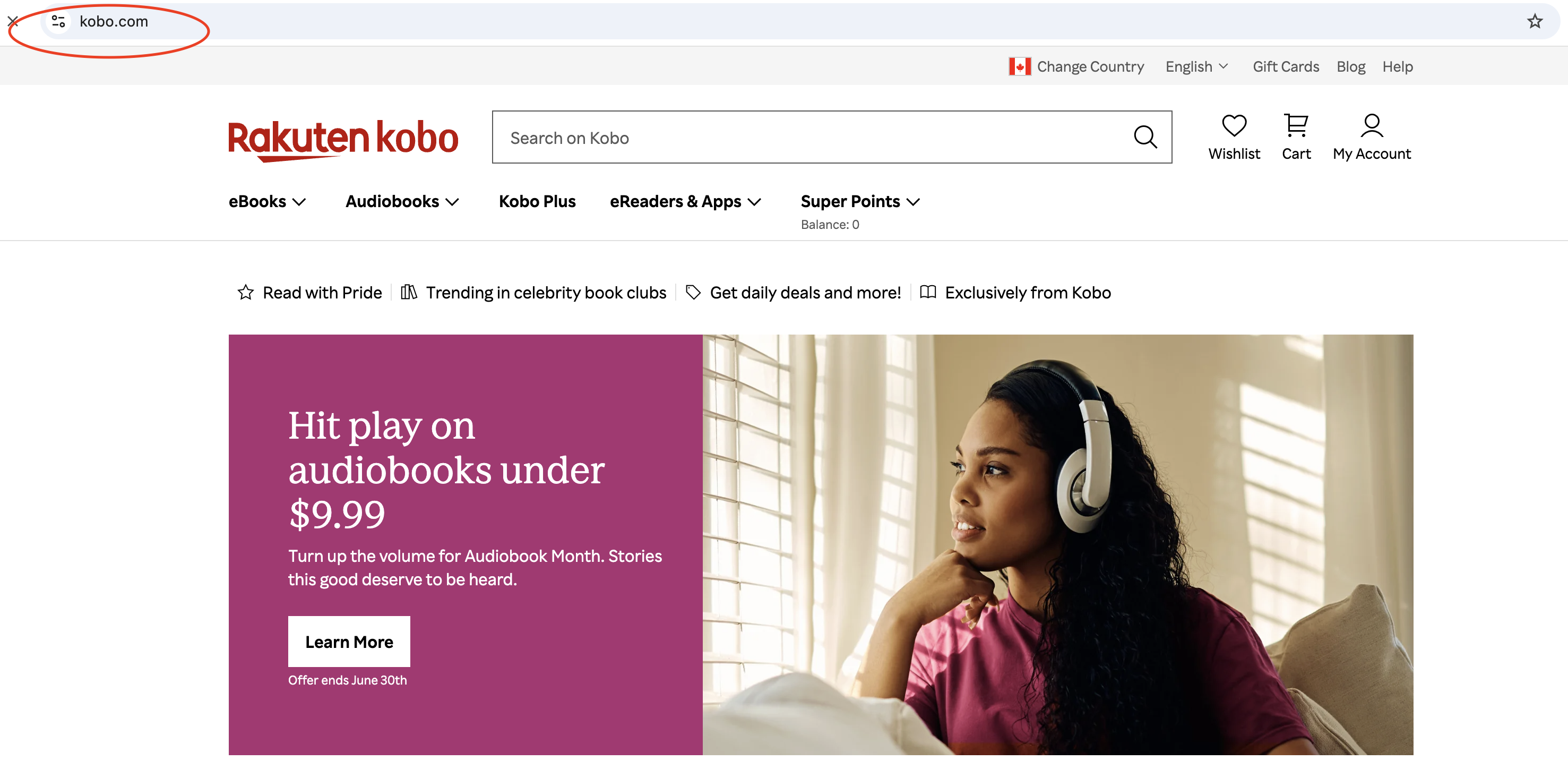 A screenshot of the Kobo store homepage. The URL "kobo.com" is circled in red.