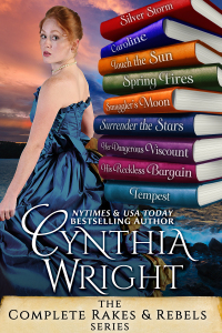 Cynthia Wright's box set cover, with a redhead in a blue dress on the cover. Beside her are a stack of books with the names of the books in the box set.